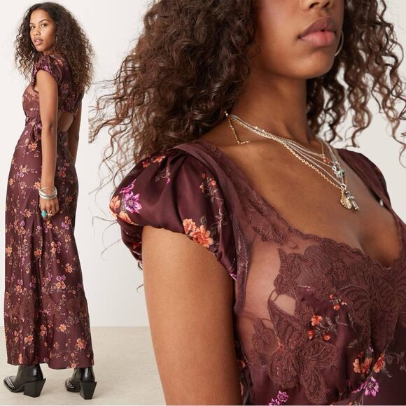 Free People Dainty Lace Retro 90s Butterfly Babe Maxi Dress Brown Combo Medium - Picture 12 of 16